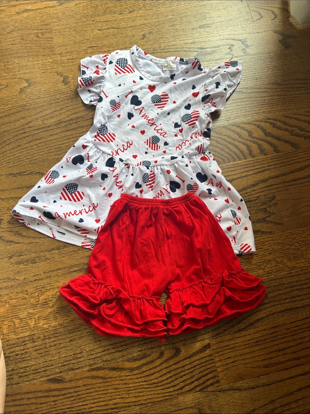 Patriotic Heart Print Dress with Red Ruffle Shorts